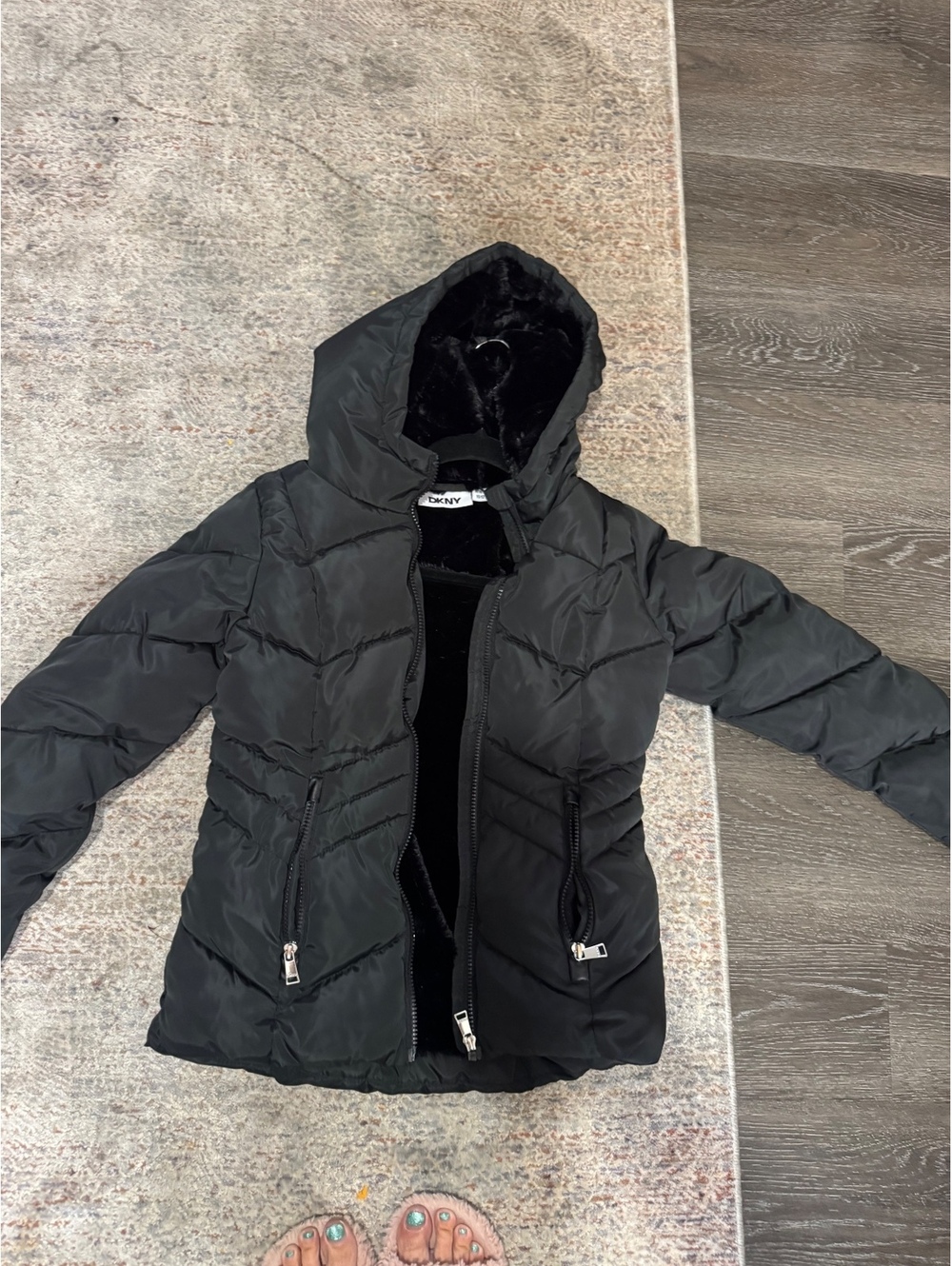 DKNY Black Quilted Puffer Jacket with Hood
